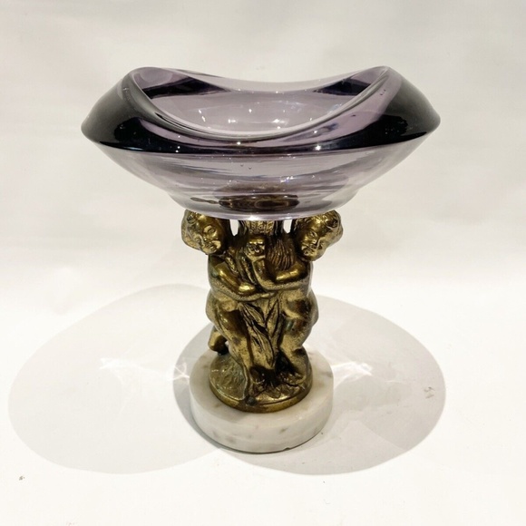 Vtg regency AMETHYST GLASS dish Compote Bowl footed Marble Brass Cherub Art Deco - Picture 7 of 7